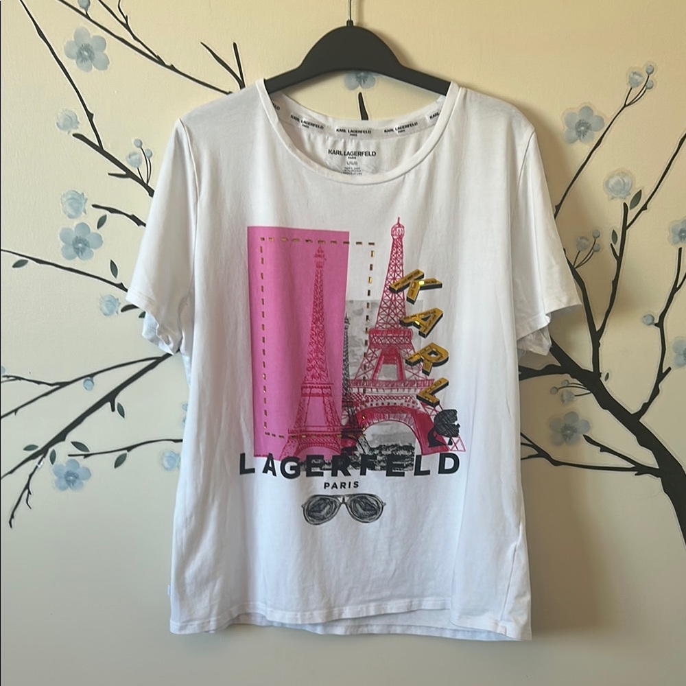 Karl Lagerfeld VGUC Eiffel Tower Graphic Tee - Pink with gold jewels
